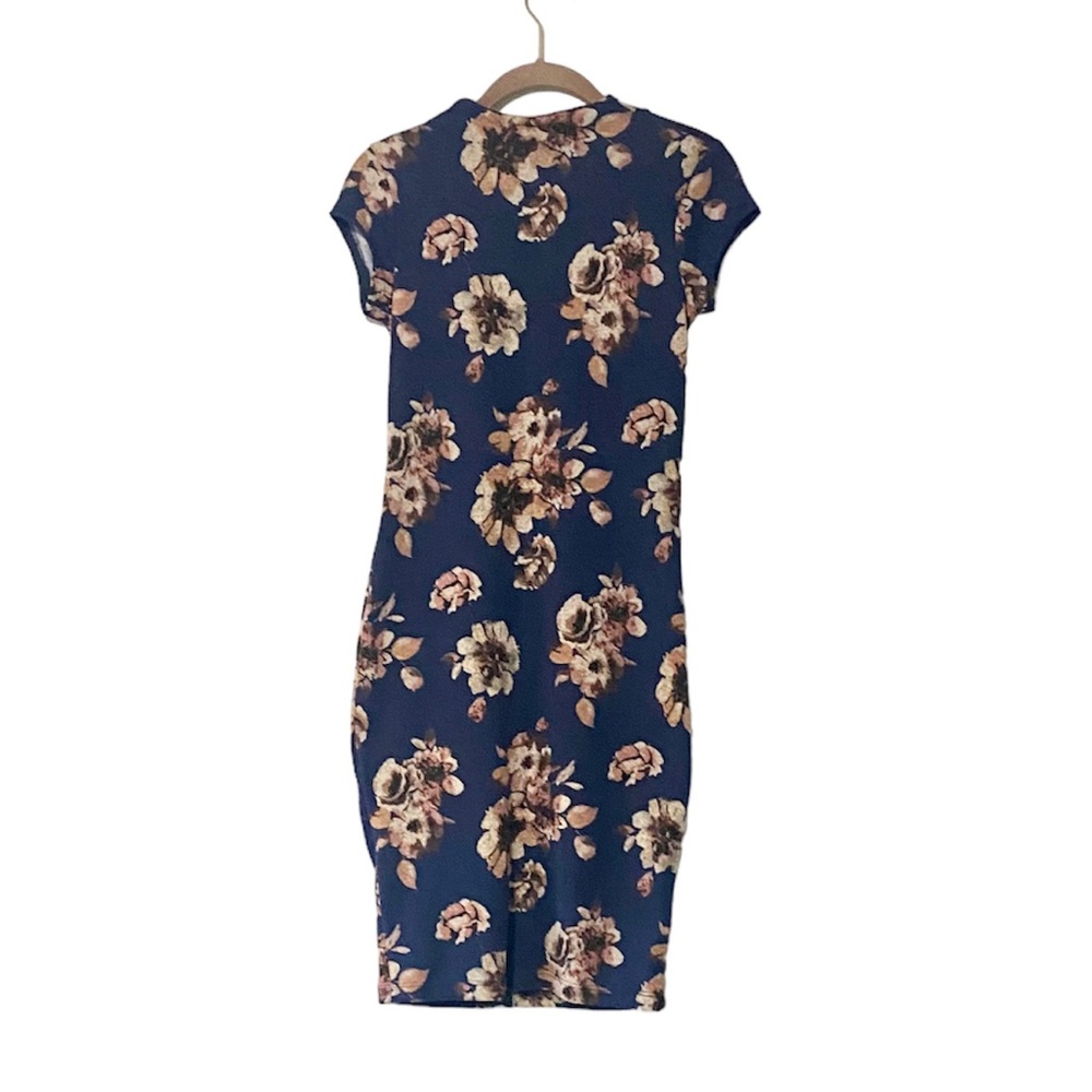 Iris Bodycon Pink Floral Midi Dress Navy Blue Open Back Size Medium
